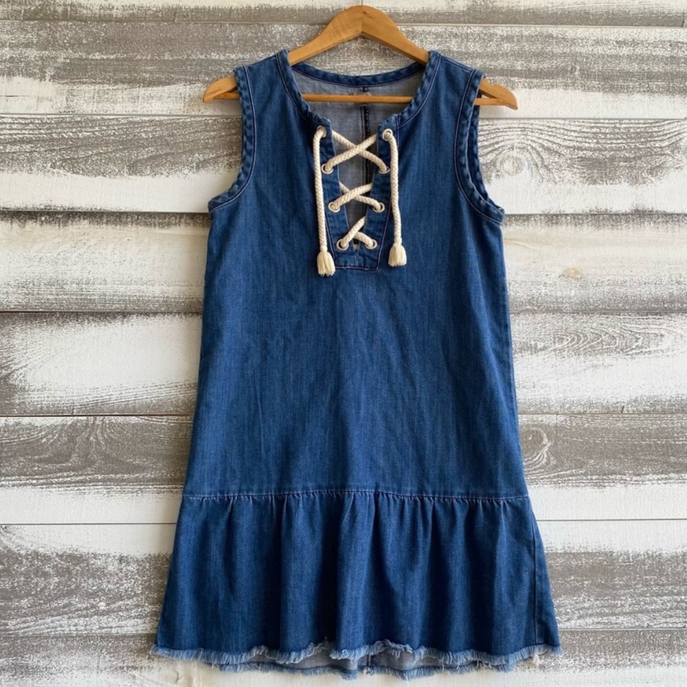 Aerie Lace Up Front Stretch Denim Blue Peplum Mini Dress With Ruffle, Size Xs